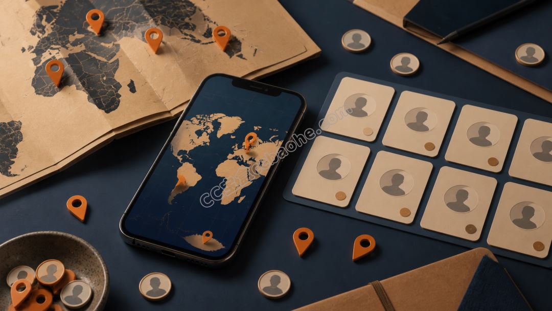 手机、地图钉和通讯录卡片